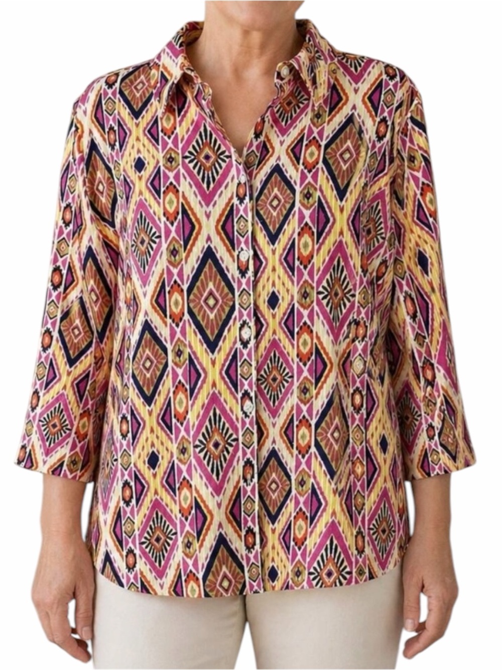 Chicos Ikat Non Iron Linen Button Up Shirt Geometric Printed Blouse Bohemian Art